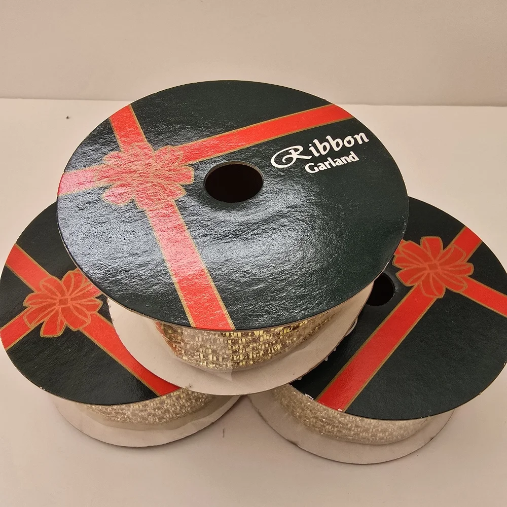Vintage Gold Glitter Ribbon Spools Christmas Decor Set Of 3